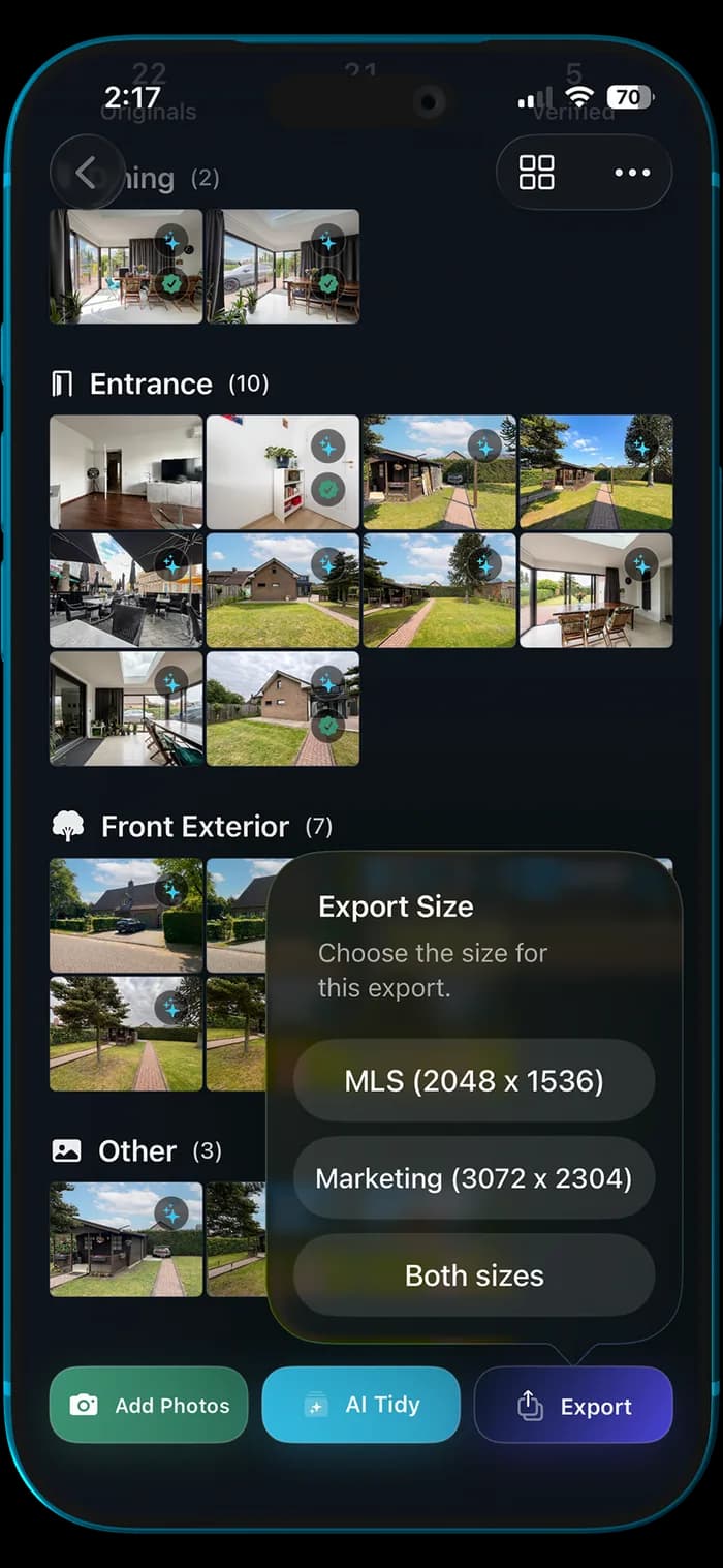 TidyAgent iPhone export screen offering MLS and marketing size options