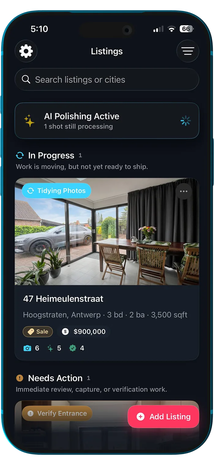 TidyAgent iPhone listings screen showing listing status and progress