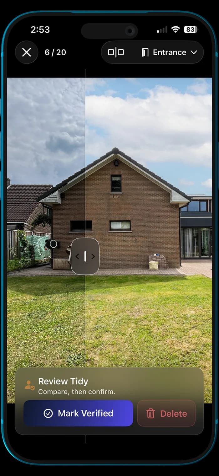 TidyAgent iPhone review screen for tidy confirmation